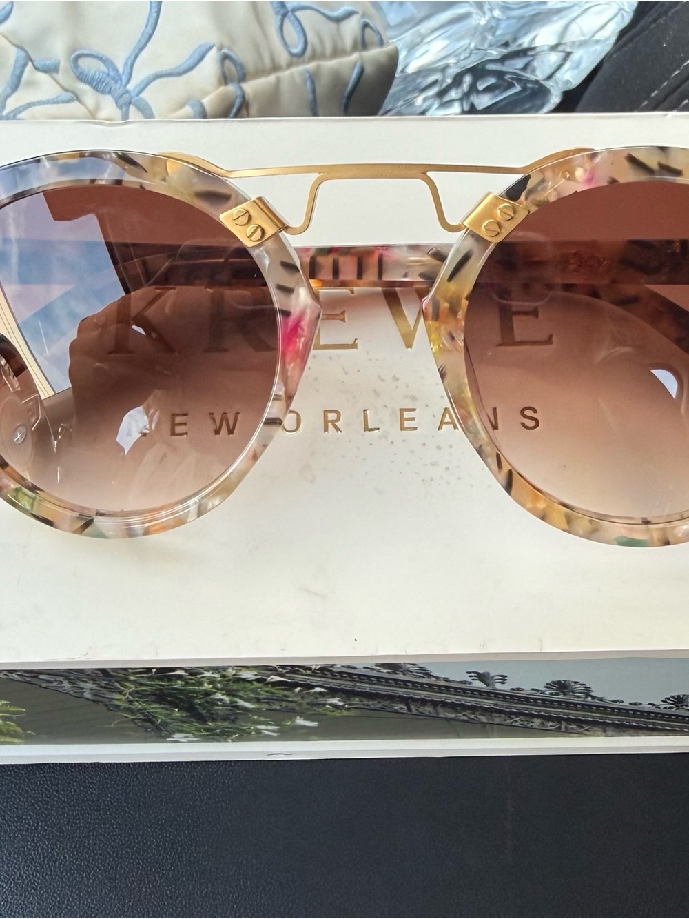 KREWE Round Sunglasses in Beige Tortoise with Gold Trim